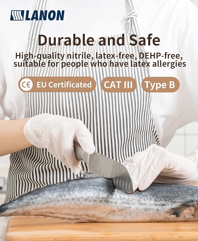 LANON Food Safe White Disposable Nitrile Gloves, Latex-Free, Powder-Free, Textured Fingertips, Cooking, Cleaning, XL