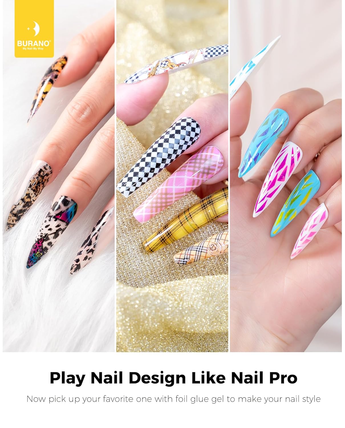 BURANO Nail Art Nail Foil Glue Gel, o.5 oz with 10PCS Foil Stickers Set Nail Foil Glue for Nails Foil Transfer Gel, Nail Design DIY UV LED Lamp Required (Marble Foil 15)