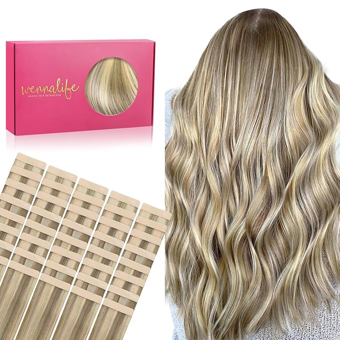 WENNALIFE Tape in Hair Extensions Human Hair, 40pcs 100g 22 inch Ash Brown with Platinum Blonde Highlights Hair Extensions Real Human Hair Straight Tape in Extensions Invisible Human Hair Extensions