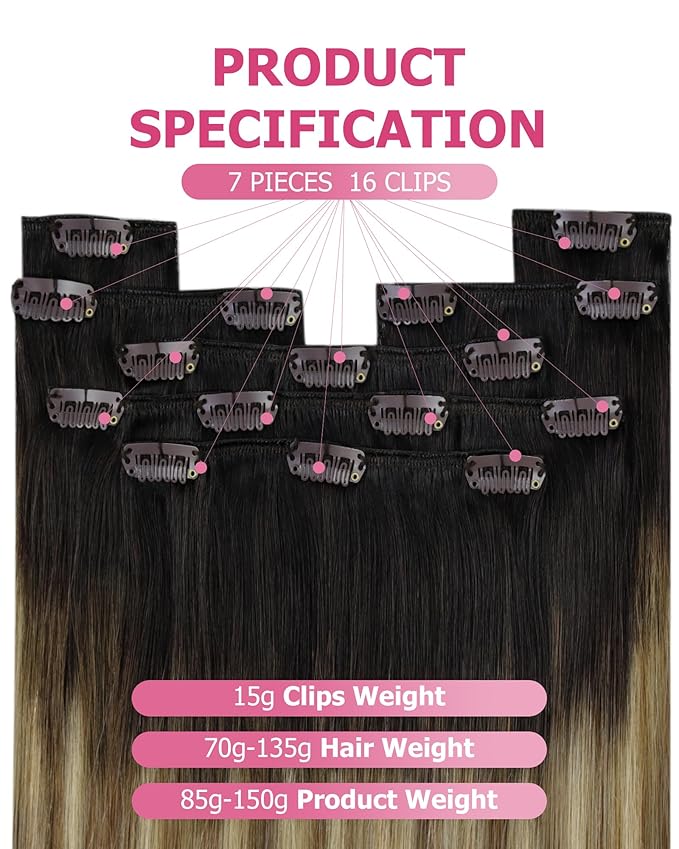 YoungSee 150g Balayage Clip in Hair Extensions Real Human Hair Dark Brown to Medium Brown with Warm Blonde Clip on Hair Extensions for Women Clip in Ombre Hair Extensions 22inch 7pcs