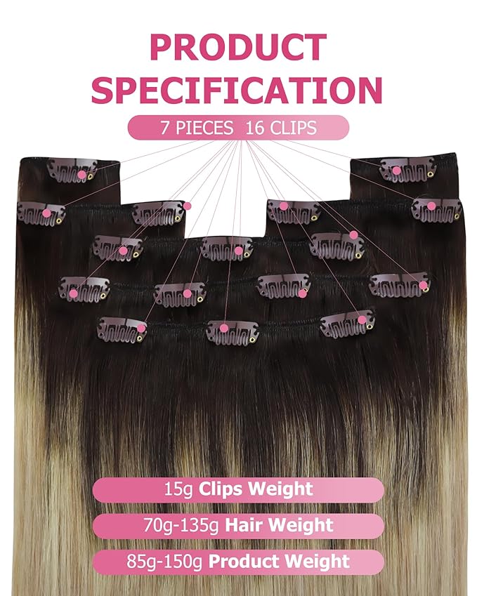 YoungSee 135G Clip in Hair Extensions Human Hair Ombre Blonde Clip on Hair Extensions Ombre Medium Brown to Golden Blonde with Platinum Blonde Human Hair Clip in Extensions 16Inch 7Pcs