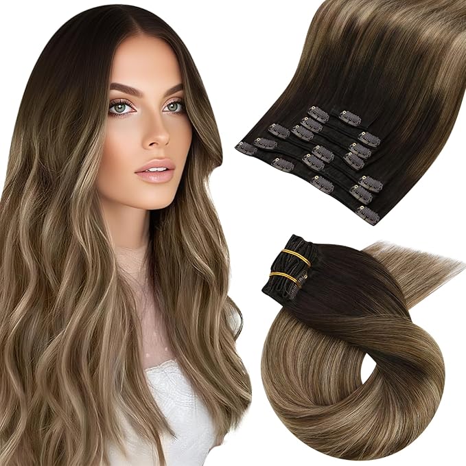Moresoo Clip in Extensions Real Human Hair Balayage Remy Straight Double Weft Clip in Human Hair Extensions for Fashion Women Party Ombre Dark Brown to Golden Brown with Dark Ash Blonde 7Pcs 120G 16in