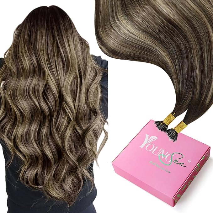 YoungSee Nano Hair Extensions Real Human Hair Balayage Dark Brown with Ash Blonde Human Hair Nano Extensions for Women Pre Bonded Nano Brown Hair Extension Straight Cold Fusion 16inch 50g/50s