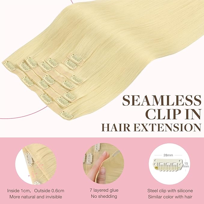 GOO GOO Clip in Hair Extensions Real Human Hair, Remy Human Hair Extensions Clip ins for Women, Natural Human Hair, 20inch 110g 7Pcs, 22F Light Golden Blonde
