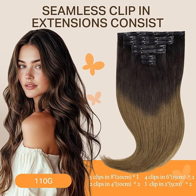 DOORES Seamless Clip in Hair Extensions Real Human Hair Extensions, Chocolate Dip Color Melt 16 Inch 110g 7pcs, Invisi Edge Hair Extensions Straight Hair Remy Natural Hair