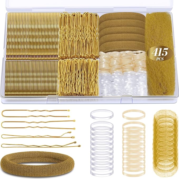 415pcs Bobby Pins Hair Pins Set, IKOCO 200pcs U Shaped Pins & Elastic Hair Ties for Women with Hair Net, Gold