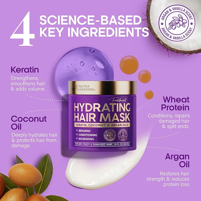 Hydrating Hair Mask – Post Hair Relaxer for Damaged & Dry – Deep Conditioning Keratin Treatment for Curly & Color-Treated – Soft, Smooth, Anti-Frizz & Split Ends Repair with Collagen, Biotin – 10 oz