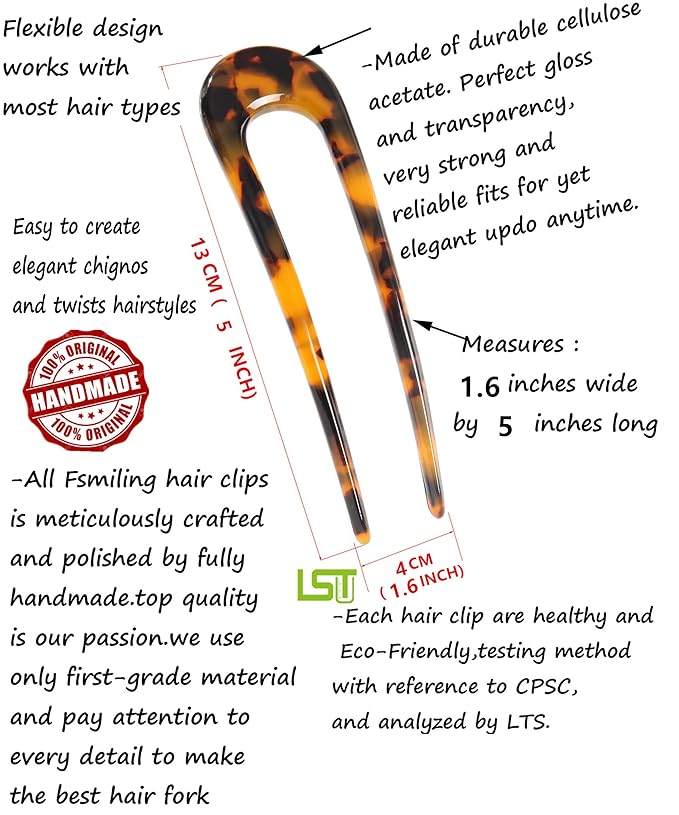 French Hair Pins Tortoise Shell French Hair Forks U Shaped French Pins 2 Prong Hair Sticks Acetate Chignon Pin for Women Hairstyle Accessories 2 Pack