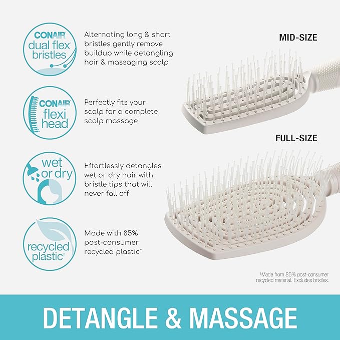 Conair Scalp Care Detangling hairbrush 2pk - Fullsize +Travel Hair Brush - Scalp Massager - hairbrushes for women & men - detangler for all lengths and types - can use wet or dry - Grey Luxe
