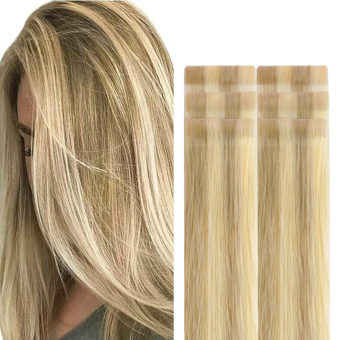 GOO GOO Invisi Edge Tape in Hair Extensions Human Hair, 16/22 Light Blonde Highlighted Golden Blonde, 6pcs 18inch 15g, Virgin Remy Hair, Seamless Injected Tape, Natural Look