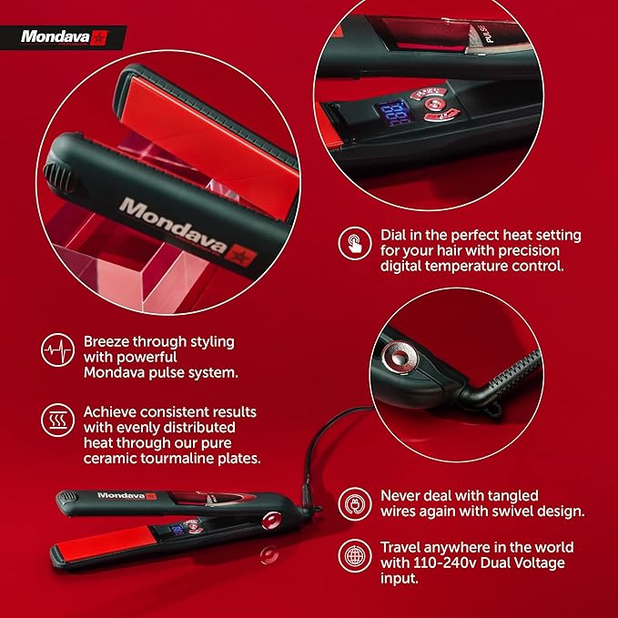 Professional Ceramic Tourmaline Hair Straightener Flat Iron and Curler, Ionic Dual Voltage Adjustable Digital LED Technology, Straighten and Style Wild Hair in 8 Min, 1”