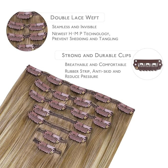 WENNALIFE Clip in Hair Extensions Real Human Hair, 12 Inch 80g 7pcs Remy Hair, Balayage Dirty Blonde with Platinum Ends Straight Natural Extensiones De Cabello Humano Con Clip Ins