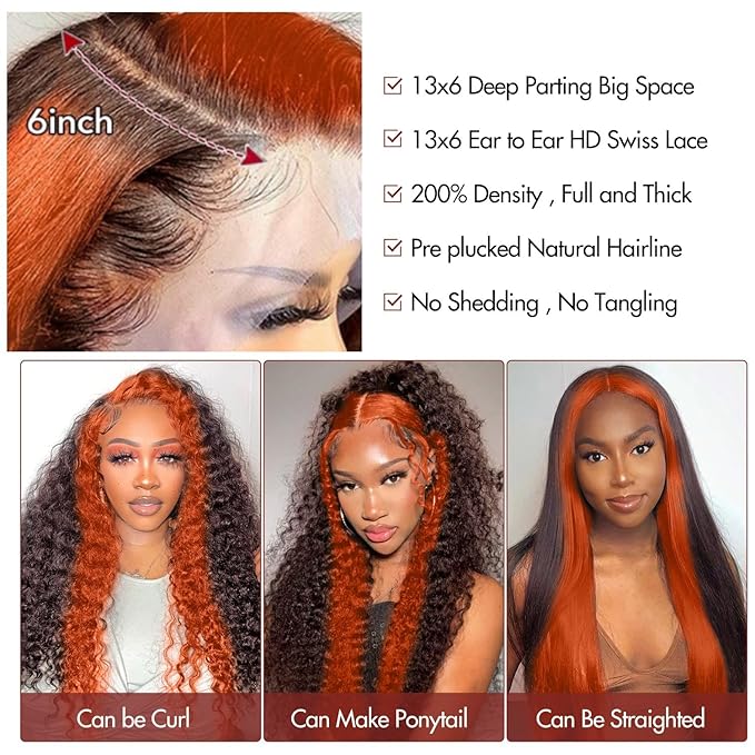 250 density Ginger Deep Wave Lace Front Wigs Human Hair Pre Plucked Hairline Glueless Wigs for Women 13x6 HD Lace Front Wigs Ginger Orange Curly Human Hair Wig Brazilian Hair 30 Inch