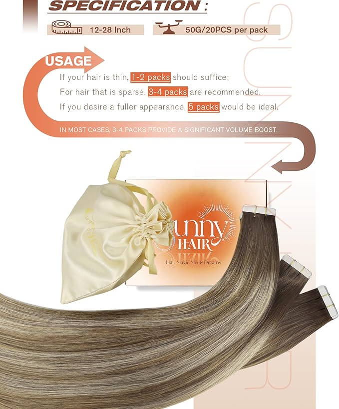 Sunny Hair Tape in Hair Extensions Medium Brown Balayage Blonde Tape in Hair Extensions Human Hair, 22 inch Remy Hair Extensions Tape in 20Pcs 50g