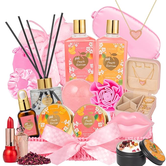 Mothers Day Gifts for Mom - 23-Piece Luxury Bath & Body Gift Basket for Women, Spa Kit for Her, Self Care Kit with Necklace, Diffuser & More | Perfect for Holiday, Christmas, Valentine's Day, Birthday