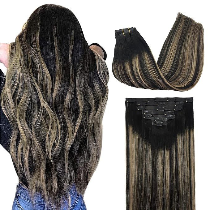 GOO GOO Clip in Hair Extensions Real Human Hair, Remy Human Hair Extensions Clip ins for Women, Natural Human Hair, 16inch 130g 7Pcs, 1B/16/1B Balayage Natural Black to Light Blonde