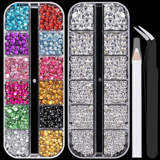 Flat Back Rhinestone Kits Colorful Rhinestones+Transparent White Gems With Picker Pencil And Tweezer For Home DIY And Professional Nail Art