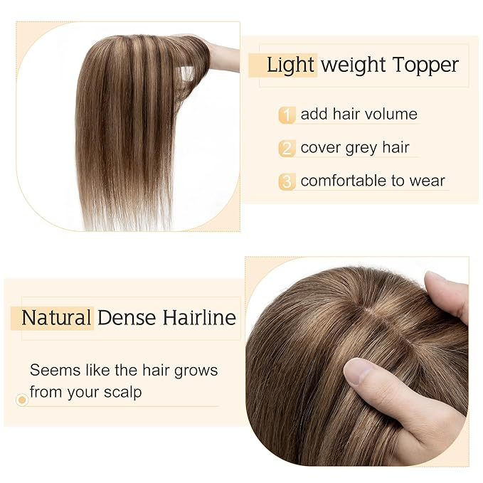 SEGO Hair Toppers for Women Real Human Hair With Bangs, 7 * 13CM Silk Base 100% Remy Human Hair Clip in Top Wiglet Hairpieces Add Volume -10 Inch 4P27 Medium Brown&Dark Blonde