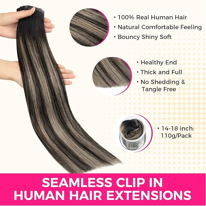 Lashey Seamless Clip in Hair Extensions Human Hair, 110g 7pcs Straight Balayage Natural Black to Light Blonde Highlighted Clip in Hair Extensions for Black Women 16 Inch