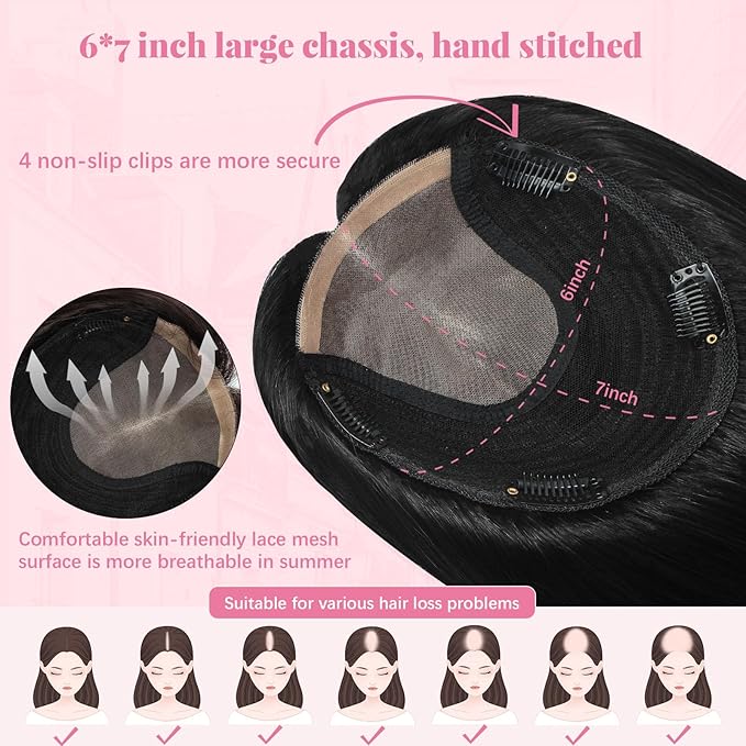 Hair Topper 16inch Hair Toppers for Women Real Human Hair 360° 3D 75g Natural Hairpiece Wiglet Extensions for Thin 6x7inch Large Base (#1Toppers-16inch)