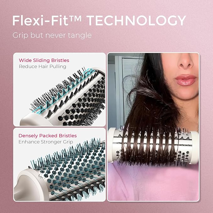 TYMO 2.0 Thermal Brush Curling Brush - STYLUX 1.7" Blowout Volumizer with Flexi-Fit for Hair Straightening, Heated Round Styler Tool, Hair Straightener and Curler 2 in 1, Dual Voltage & Light, Gold