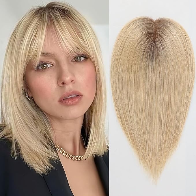 starluck Hair Toppers for Women with Bangs, 5"*5.5"Large Coverage Ombre Light Blonde 100% Real Human Hair Toppers for Women with ThinningHair,Cover Gray Roots