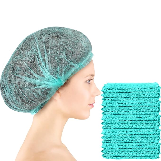 100 Pcs Disposable Nonwoven Bouffant Caps 21 Inch Hair Net Elastic Cap Hair Cover Hats for Beauty Salon Hospital Spa Catering Dust-free Workspace(Green)