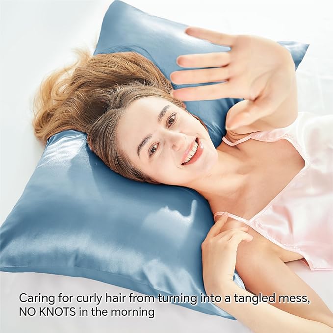 BEDELITE Satin Pillowcase with Zipper, Airy Blue King Size Pillow Cases Set of 2, Super Soft and Cooling Similar to Silk Pillow Cases, Gift for Women Men(20x36 Inches)