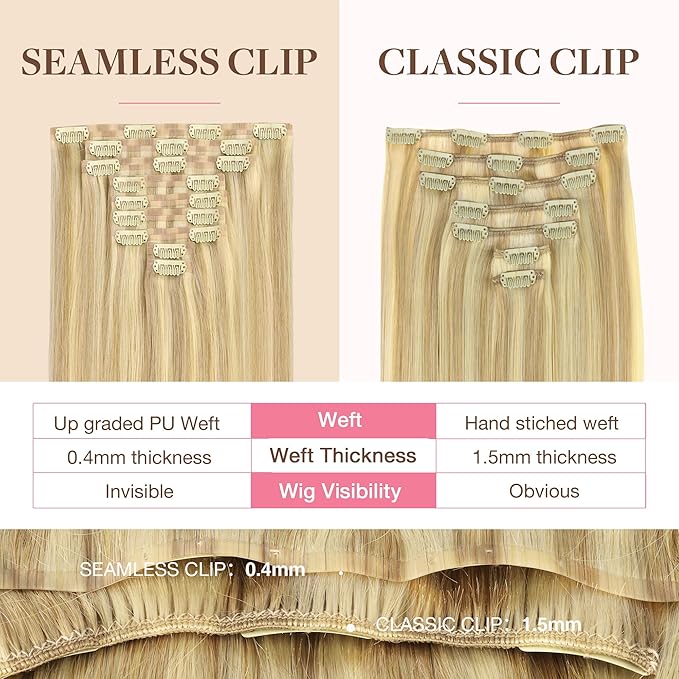 GOO GOO Clip in Hair Extensions Real Human Hair, Remy Human Hair Extensions Clip ins for Women, Natural Human Hair, 14inch 130g 9Pcs, 18D/22F Dirty Blonde Highlights