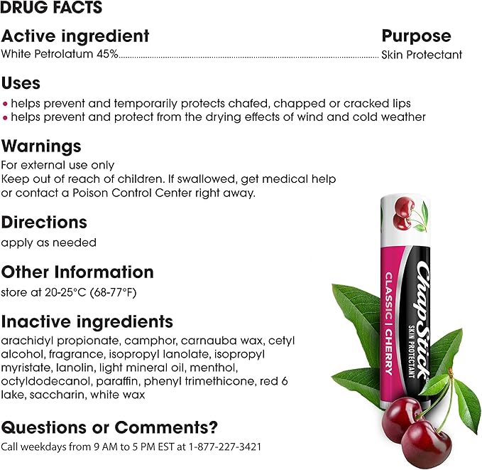 ChapStick Classic Cherry Lip Balm Tubes for Lip Care - 0.15 Oz (Pack of 3)