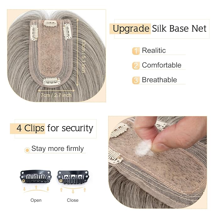 SEGO Grey Hair Toppers for Women Real Human Hair No Bangs, Salt and Pepper Hair Topper, 7 * 13 CM Silk Base Clip In Top Pieces Add Volume -12 Inch G3 Light Grey Mix