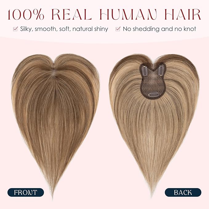 Human Hair Topper with Bangs for Women, 360° Cover Clip in Curtain Bangs Hair Toppers Hair Piece with Highlights 3.15x4.33 Hand-tied Base Medium Brown&Dark Blonde