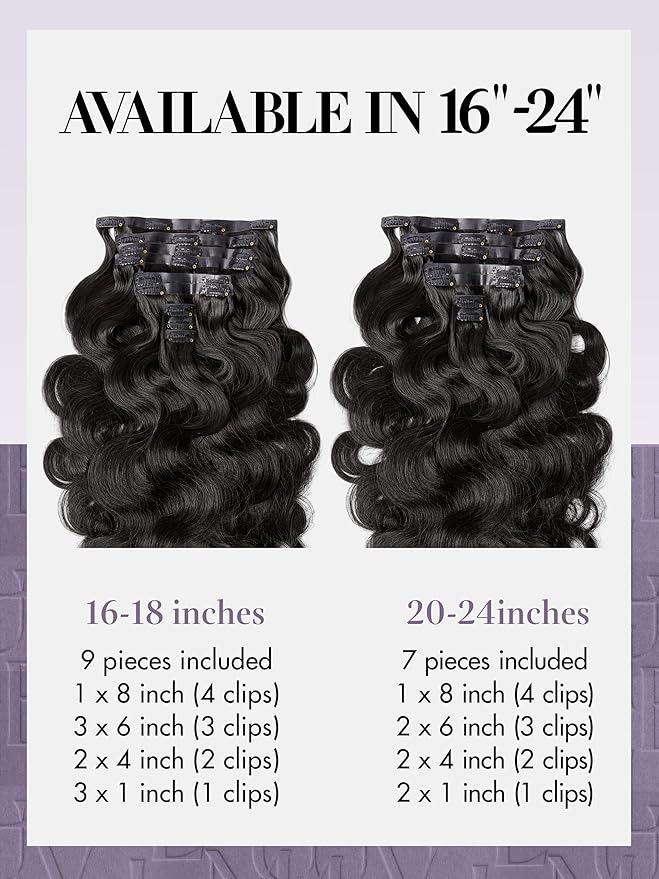 LUVME Hair Extensions Natural Black 24 Inch 135g 7pcs Real Human Hair Body Wavy Remy Clip in Human Hair Extensions Thick Hair
