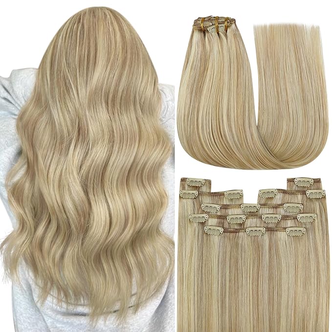 YoungSee Blonde Clip in Human Hair Extension Highlight Human Hair Clip in Extensions Light Blonde Highlighted Golden Blond Clip in Hair Extensions Real Human Hair for Women 24Inch 7Pcs 120G