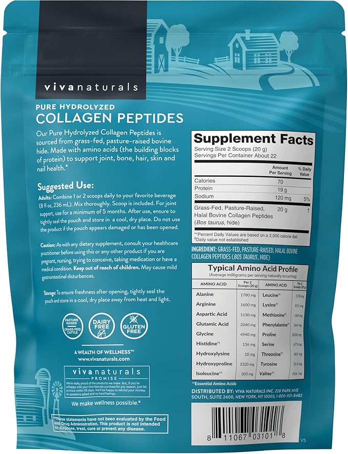 Viva Naturals Hydrolyzed Collagen Peptides Powder, 1 lb – Grass-Fed & Pasture-Raised Bovine Collagen, Type I & III, Unflavored Powder for Hair, Skin & Nails