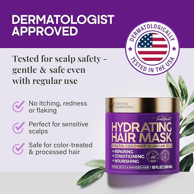 Hydrating Hair Mask – Post Hair Relaxer for Damaged & Dry – Deep Conditioning Keratin Treatment for Curly & Color-Treated – Soft, Smooth, Anti-Frizz & Split Ends Repair with Collagen, Biotin – 10 oz