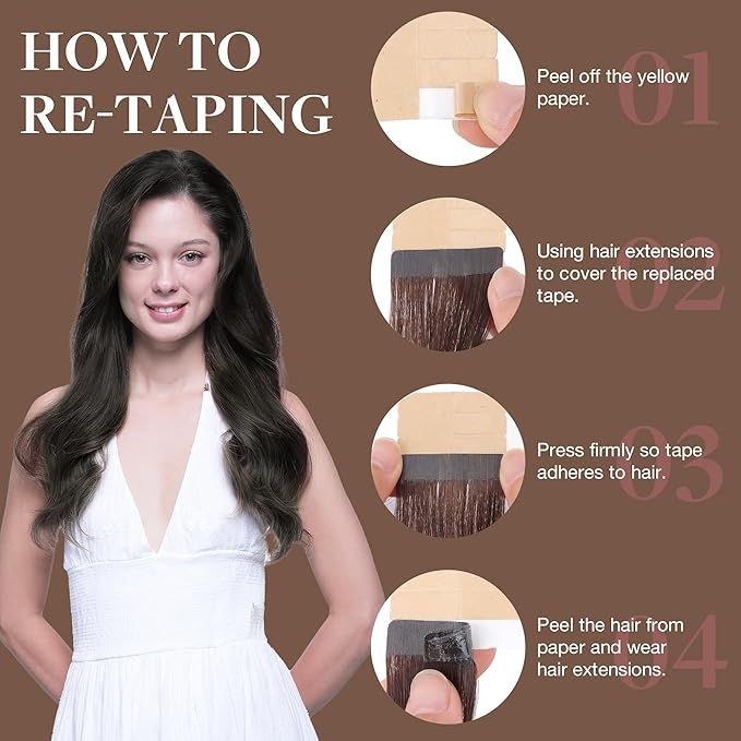GOO GOO Tape in Hair Extensions Human Hair, 1C Mocha Brown, 18inch 50g 20pcs, Skin Weft Seamless Invisible, Silky Straight with Thick Ends, Remy Human Hair