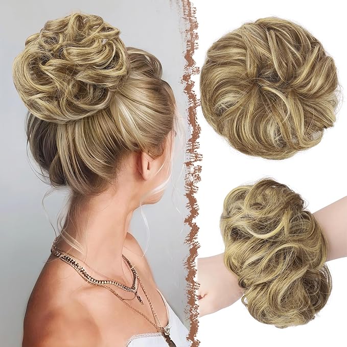 FESHFEN Messy Bun Hair Piece - Large Elastic Wavy Curly Hair Bun Scrunchies Ponytail Extensions Synthetic Chignon Hairpieces for Women, Sand 1.94oz