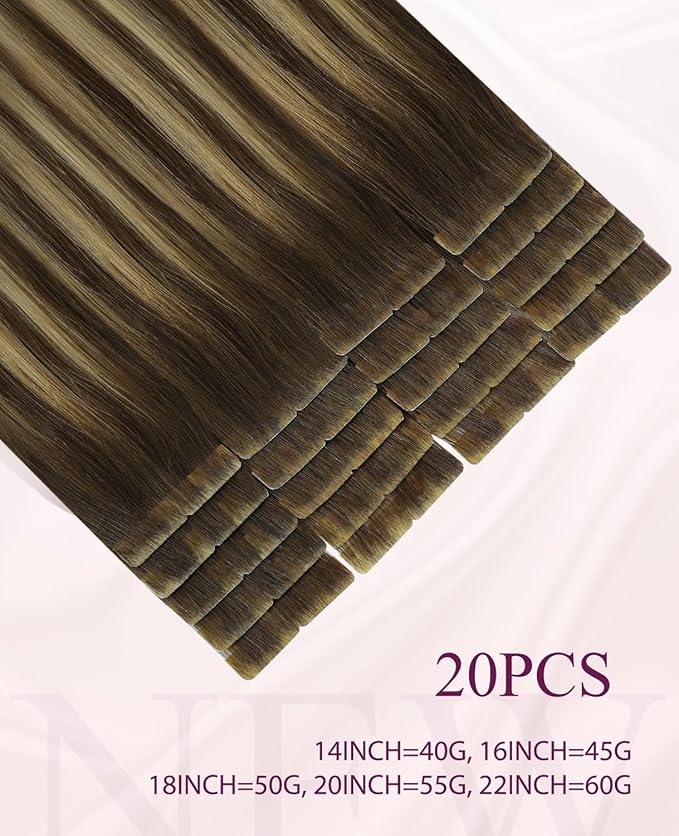 Pinkpearl Invisible Tape in Hair Extensions Human Hair, 20pcs 22inch 60g #4/27/4 Balayage Chocolate Brown to Caramel Blonde Injection Tape in Extensions Real Remy Seamless Human Hair Injected