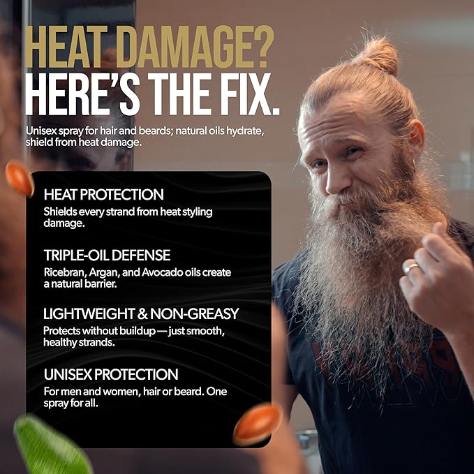 Beard & Hair Heat Protectant Spray - Viking Shield Beard Spray for Men, Protects Hair from Heat Damage of Straightener and Styling - Argan Oil Thermal Protector Spray - Protect Up To 450º F - 4 Fl Oz