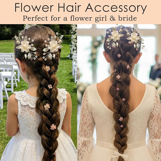 14 Pcs Flower Girl Hair Accessory Bridal Hair Clips Handmade Silver Leaf Floral Pearls Crystal Design with Mini Flower Hair Accessories for Girls & Women (white)