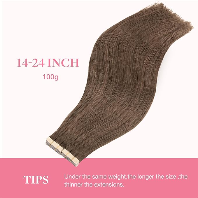 GOO GOO Tape in Hair Extensions Human Hair, 5 Light Ash Brown, 24inch 100g 40pcs, Skin Weft Seamless Invisible, Silky Straight with Thick Ends, Remy Human Hair