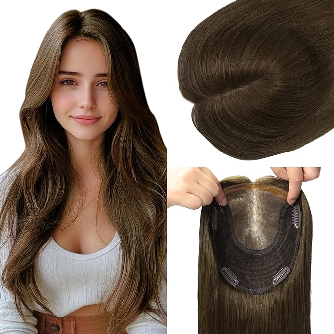 HAIR Toppers for Women Real Human Hair 6x7 inch 150 Density Base 12 inch 55grams medium dark brown Topper for Women with Thinning Hair(#4 12inch)