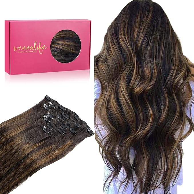 WENNALIFE Clip in Hair Extensions Real Human Hair, 22 Inch 130g 7pcs Remy Hair, Balayage Dark Brown Mixed Chestnut Brown Straight Natural Extensiones De Cabello Humano Con Clip Ins