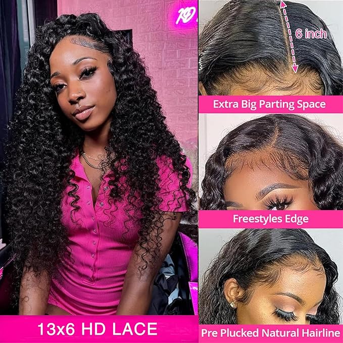 BVLBVL 36 Inch 13x6 Deep Wave Lace Front Wigs Human Hair Curly Human Hair Wig HD Lace Frontal Wig Pre Plucked 180 Density, Real Human Hair No Synthetic Blend No Tangle No Shedding Triple Lifespan 3X