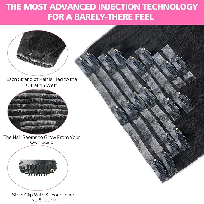 Injected Clip in Hair Extensions Real Human Hair Invisible Hand-Tied Weft Hair Extensions Clip in Human Hair Straight Seamless Clip ins for Women 8Pcs 120g 22inch #1B Natural Black