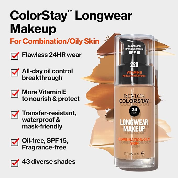 Revlon Liquid Foundation, ColorStay Face Makeup for Combination & Oily Skin, SPF 15, Medium-Full Coverage with Matte Finish, Rich Tan (350), 1.0 oz