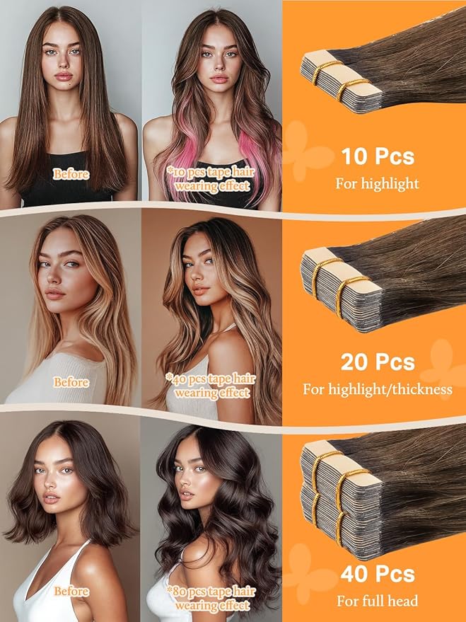DOORES Tape in Human Hair Extensions, Balayage Dark Brown to Chestnut Brown30g 10pcs 22 Inch, Hair Extensions Tape in Straight Skin Weft Remy Hair Extensions