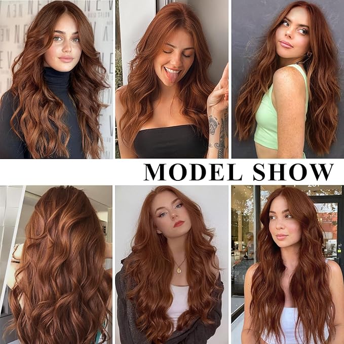 NAYOO Long Auburn Wavy Wig for Women 26 Inch Middle Part Curly Wavy Wig Natural Looking Synthetic Heat Resistant Fiber for Daily Party Use(26Inch Auburn)