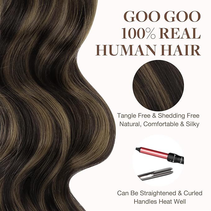GOO GOO Tape in Hair Extensions Human Hair, 2/6 Dark Brown Highlighted Chestnut Brown, 22inch 50g 20pcs, Thick Ends Straight Seamless, Invisible